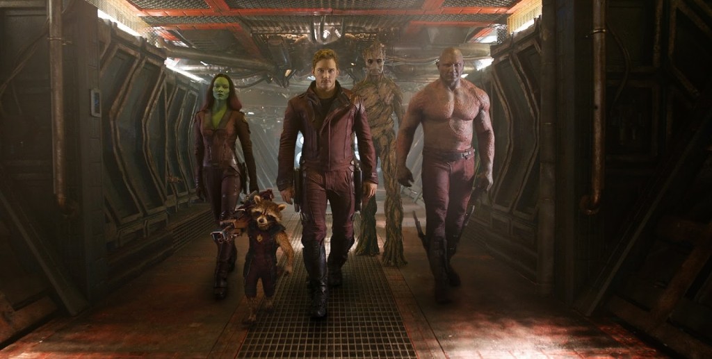 The gang's all here. From left to right: Gamora (Zoe Saldana), Rocket (voiced by Bradley Cooper), Peter Quill / Star Lord (Chirs Pratt), Groot (voiced by Vin Diesel) and Drax (Dave Bautista).